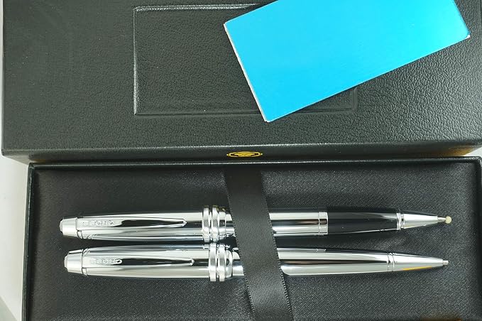Cross Executive Companion Bailey,Polished Chrome with Cross Signature Diamond Cut Multi-grooved Center Ring Medium Selectip Rollerball Pen & 0.7mm Pencil Set and Name Plate for Engraving