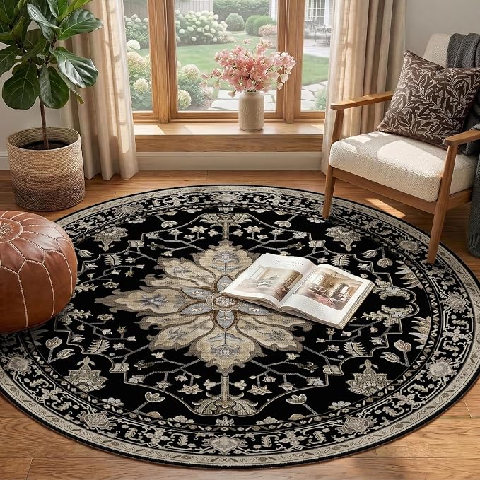 RELEANY Area Rugs Round 4ft Washable Non-Slip, Floral Vintage Distress Medallion Carpet for Living Room Bedroom Dining Room, Black Brown Neutral Dark Tan