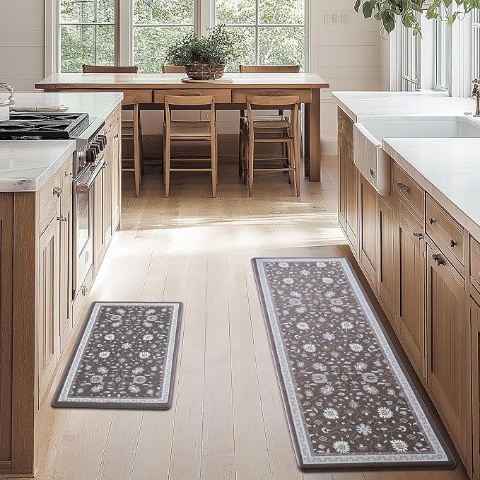FRESHMINT Vintage Floral Kitchen Mat 2 Piece, 17x30''+17x47'', Ebony Black | Anti-Fatigue, Non Slip, Comfort, Kitchen Decor, Easy to Clean, Waterproof, Perfect for Kitchen, Laundry, Office