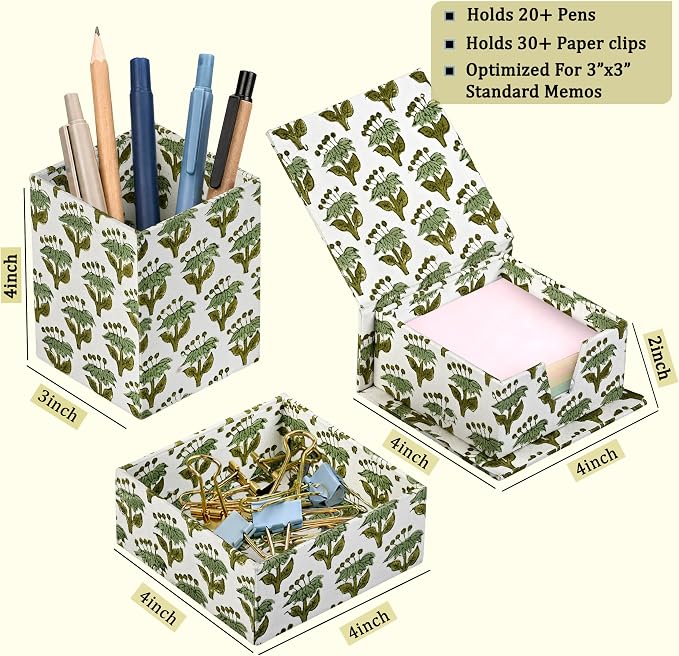 CPC Emerald Green Block Print Set of 3 Desk Organizer Pen And Sticky Note Holder Cute, Aesthetic, Decor accessories, workspace organizers, Caddy Storage, Gift for Office, Professionals, Student