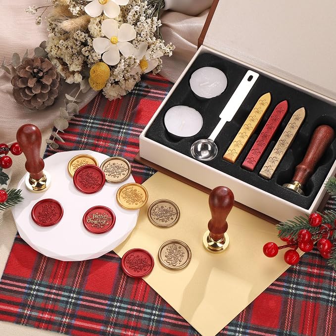 Yoption Merry Christmas Snowflake Star Wax Seal Stamp Kit with Sealing Wax Sticks and Gift Box for Wedding, Party Invitations, Christmas, Envelopes