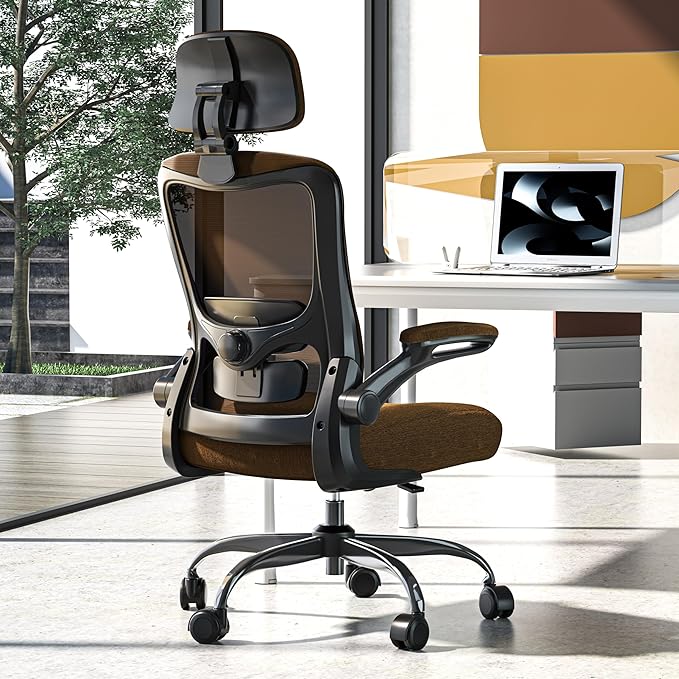 Ergonomic Office Chair, High Back Mesh Desk Chair with Adjustable Lumbar Support & Headrest, Flip-up Armrest, Computer Task Chairs for Home and Executive Office (B-Brown)