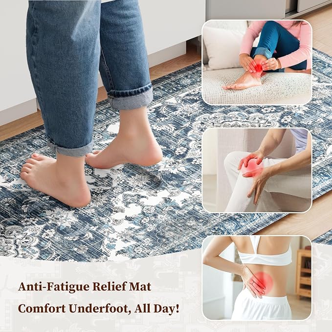 Boho Kitchen Mats for Floor 2 Piece Set Anti Fatigue Cushioned PVC Kitchen Rugs Non Slip Waterproof Farmhouse Mats 2/5 Inch Comfort Standing Mat for Sink, Laundry, 23.6"x39"+23.6"x59", Dark Blue