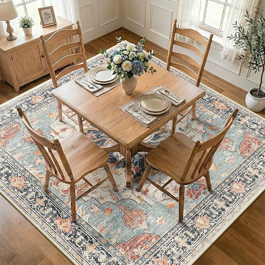 RELEANY Area Rugs Square 7ft Washable Non-Slip, Floral Vintage Distress Medallion Carpet for Living Room Bedroom Dining Room, Beige Navy Blue Orange Colorful