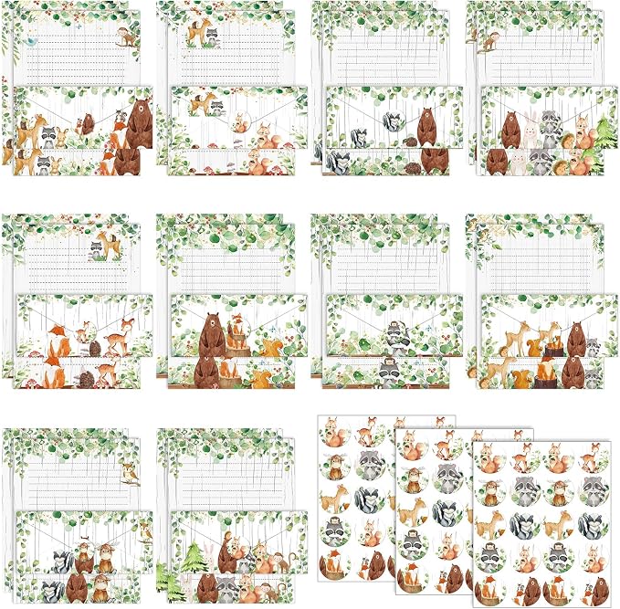 TaoBary 160 Pcs Stationery Paper Set 50 Double Sided Stationery Papers with 50 Matching Envelopes and 60 Round Dot Sticker, 10 Design(Woodland Animal,8.5 x 11 Inch)