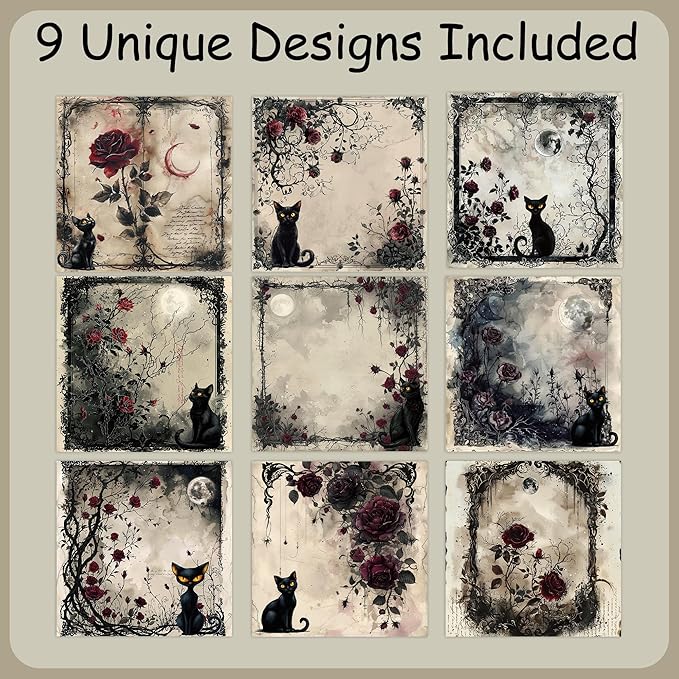 9 Pack Gothic Black Cat Sticky Notes Set, 450 Sheets Vintage Rose Moon Self-Stick Notepads, Aesthetic Witchy Office Supplies and Gifts for Women