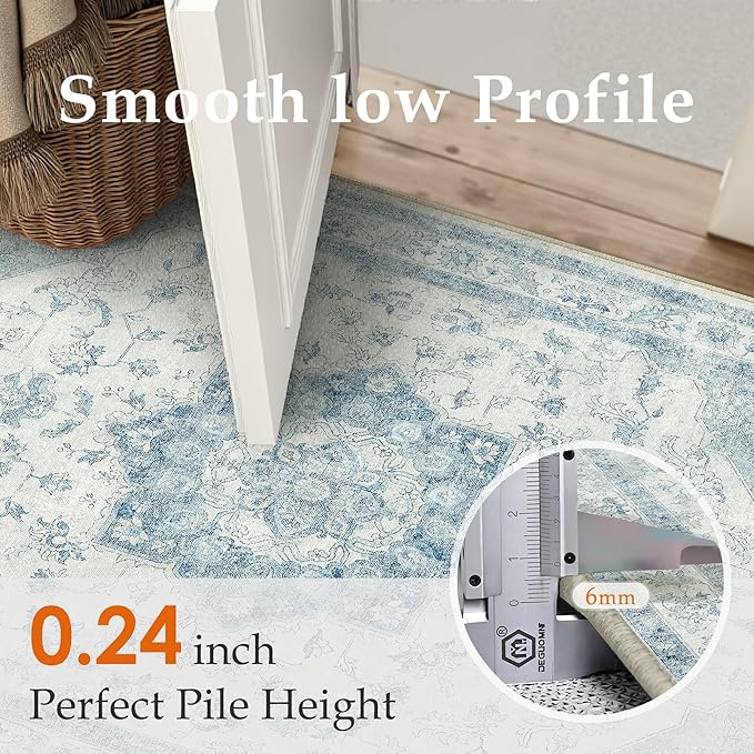 PureCozy Blue Area Rug 4x6 Washable Vintage Carpet for Office Living Room Soft Retro Low Pile Thin Indoor Rug Non Slip Oriental Medallion Floor Cover for Bedroom Kitchen Dining Room