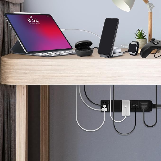 LIDER Outlet Extender with 3 Receptacles, USB-A & 2 USB-C Ports, Ultra-Thin Flat-Plug with Cord Extender, 3-Outlet Power Strip, Slim Angled Design, 5ft Cord, 1250W, ETL Listed, Matte Black