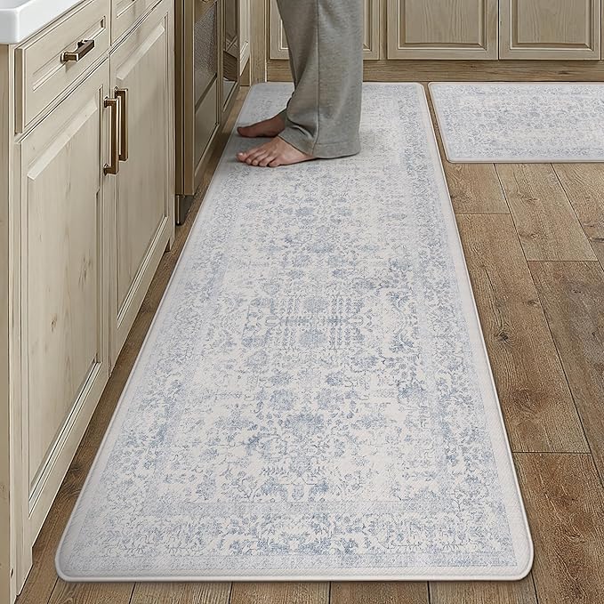 Kitchen Mats 2PCS Anti Fatigue Cushioned Mat Light Blue Vintage Kitchen Mats for Floor Waterproof Non Slip Comfort Standing Retro Floral Rug for Sink Laundry Office 17.3"x59"+17.3"x30"