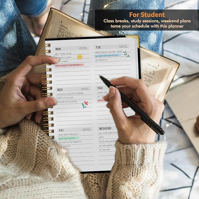 Undated Weekly Planner with Metal Corner Hardcover Notebook , A5 Size Journal with To Do List Planner, Habit Tracker,Weekly Goals for ADHD,Student, Office, Women, Men ,Gifts,6 x 8 inches，Spiral Bindding ,Black