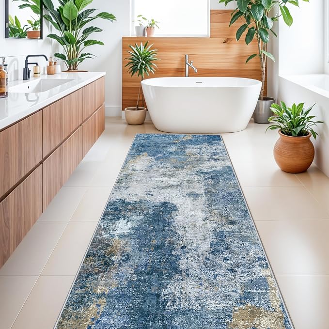 3x8 Washable Hallway Runner Rug: Modern Abstract Non-Slip Kitchen Rug for Bedroom Entryway - Ultra Thin Soft Low-Pile Stain Resistant Throw Floor Mat for Boho Home Decor (3X8 Blue-W)