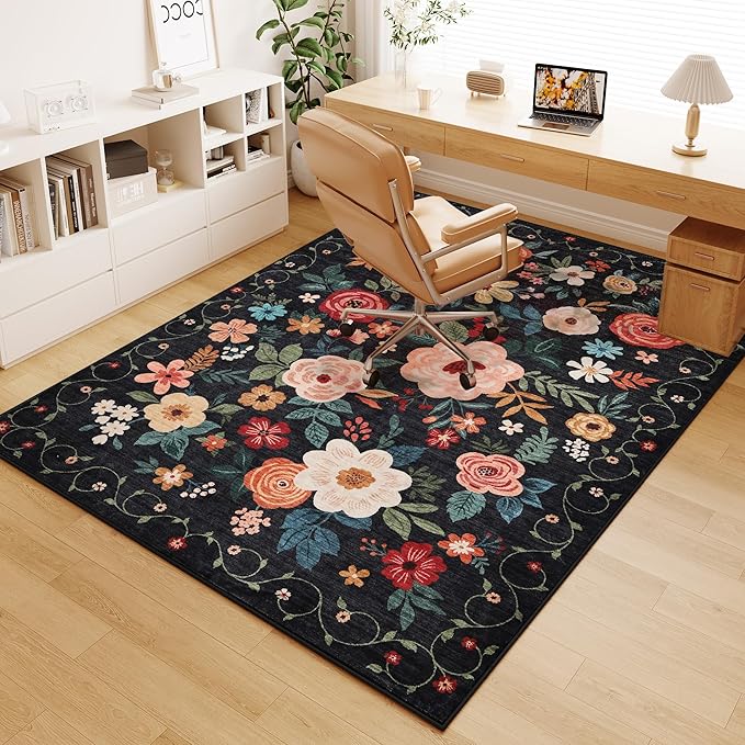 DUKINO 4x6 Feet Office Chair Mat, Lightweight Non Slip Washable Floral Area Rug, Indoor Low Pile & Non-Shedding Boho Design Rugs for Bedroom, Living Room, Dining Room, Black
