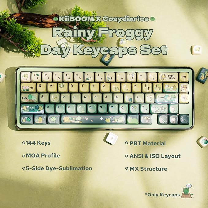 KiiBoom X Cosydiaries Rainy Froggy Day Keycap Set, 144 Keycaps, PBT Custom Keycaps for Mechanical Keyboard, Compatible with ANSI/ISO, 60%, 65%, 75%, TKL, Full-Sized Layout (MOA Profile)