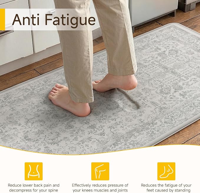 PureCozy Kitchen Mats for Floor Anti Fatigue Cushioned Gray Vintage Kitchen Mats Waterproof Non Slip Comfort Standing Grey Retro Floral Runner Rug for Sink Laundry Office Bathroom 17.3"x59"