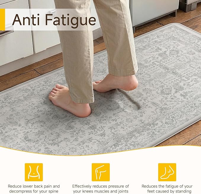 Kitchen Mats for Floor Anti Fatigue Cushioned Gray Vintage Kitchen Mats Waterproof Non Slip Comfort Standing Grey Retro Floral Rug for Sink Laundry Office Bathroom 17.3"x30"