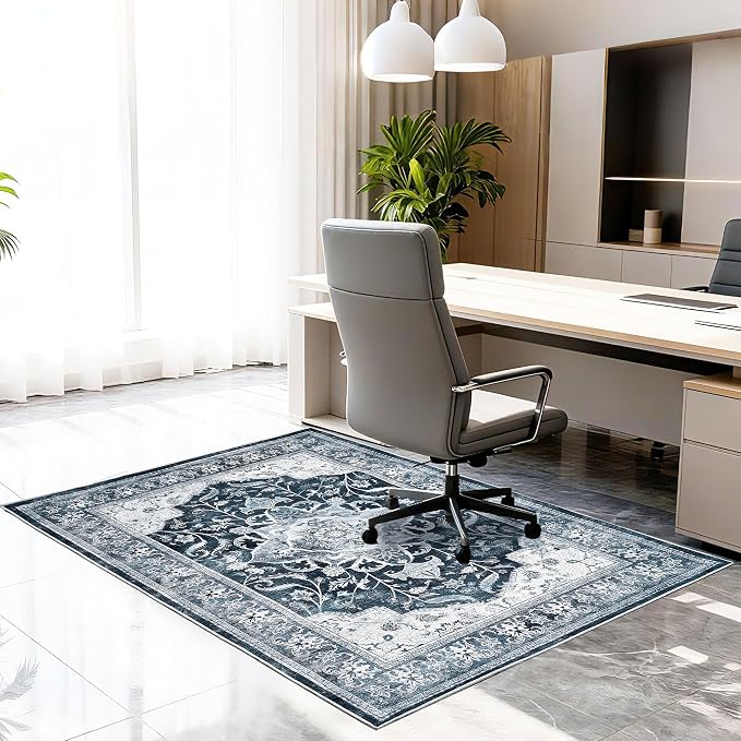 Office Chair Mat for Hardwood Tile Floor, 48"x60"Anti-Slip Under Desk Carpet Protector for Rolling Computer Chair Mat, Machine Washable Office Area Carpet (Chenille,Blue)