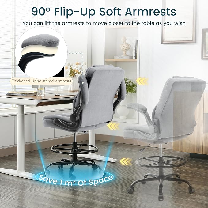 Drafting Chair 500Lbs, Tall Office Chair for Standing Desk, Fabric Executive Office Chair with Flip-up Armrests, Ergonomic High Chair with Adjustable Foot Ring, Comfy Stool Chairs, Grey