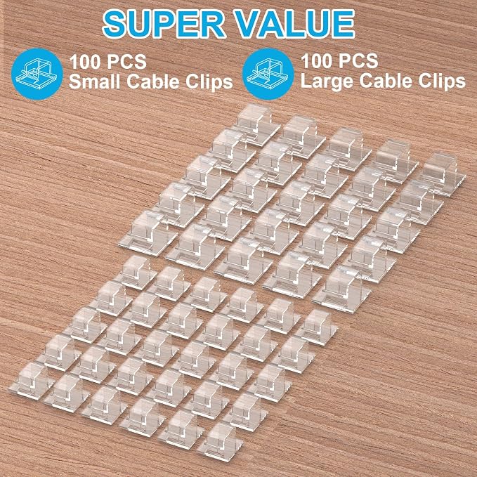 TidyHelper 200 PCS Adhesive Christmas Light Clips, Clear, Indoor/Outdoor | Adhesive Hooks for Outdoor String Lights, Cable Clips Wire Cord Holder for Patio, Porch Holiday Decor, Small & Large