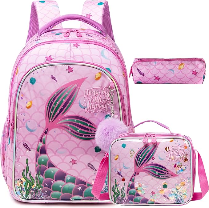 Mermaid Backpack for Girls Backpacks for School Girls 6-12 Travel Backpack for Kids with Lunch Bag Pencil Case Kids Backpacks for Elementary Primary Students