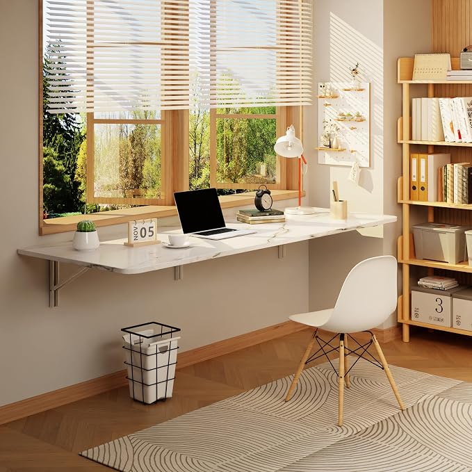 IAE Wall Mounted Floating Foldable Desk 60" x 22" Folding Computer Workstation Table with Engineered Wood and Metal Shelf Brackets,Fold&Floating Design for Home Office, Apartment,Laundry Room,White