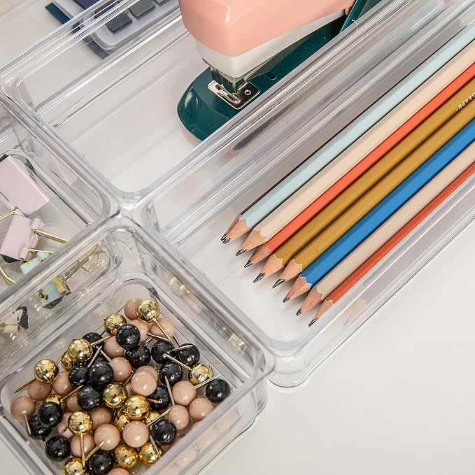 Martha Stewart Miles Stackable Desk Drawer Organizers, Clear, 6-Pack | Various Sizes, Stackable