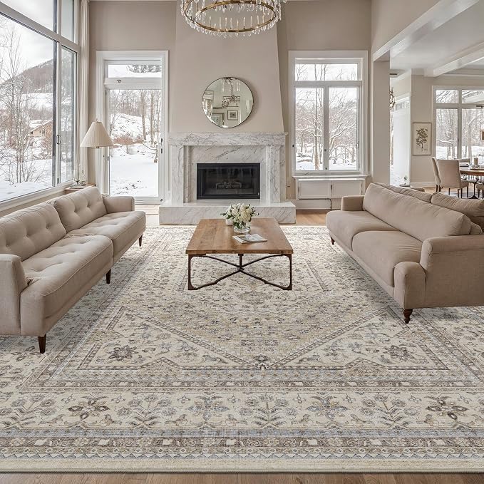 10x12 Area Rug for Living Room: Large Washable Oriental Rugs for Bedroom Non Slip Backing Stain Resistant Indoor Soft Floor Carpet for Dining Table Nursey Dorm Kitchen Low Pile Beige/Gray