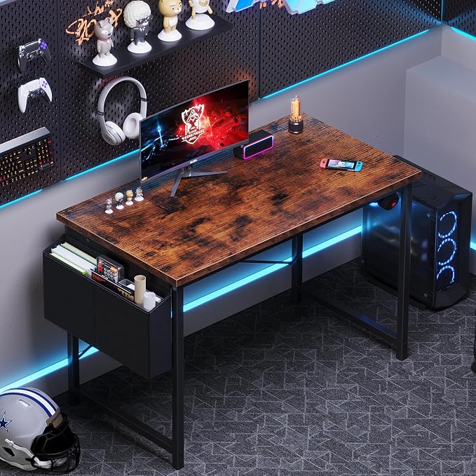 OLIXIS Computer Desk, 44 Inch Home Office Desks for Small Spaces, Writing Craft Study Gaming Table for Bedroom, Modern Computer Workstation with Storage Bag and Headphone Hook, Rustic Brown