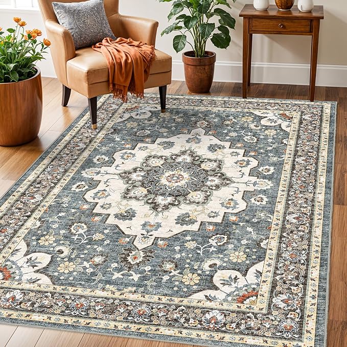 TOPRUUG Washable Oriental Area Rug - 3x5 Rugs for Living Room Soft Carpet for Bedroom Waterproof Floral Distressed Indoor Stain Resistant Non-Shedding Floor Carpets (Blue, 3X5)