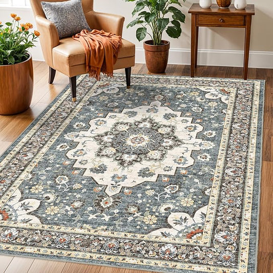 TOPRUUG Washable Oriental Area Rug - 3x5 Rugs for Living Room Soft Carpet for Bedroom Waterproof Floral Distressed Indoor Stain Resistant Non-Shedding Floor Carpets (Blue, 3X5)