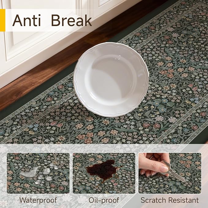 Kitchen Mats for Floor Thick Anti Fatigue Waterproof Vintage Spring Floral Kitchen Rugs 2PCS Cushioned Non Slip Black Green Comfort Standing Mats for Sink Laundry Office 17.3"×47"+17.3"×30"