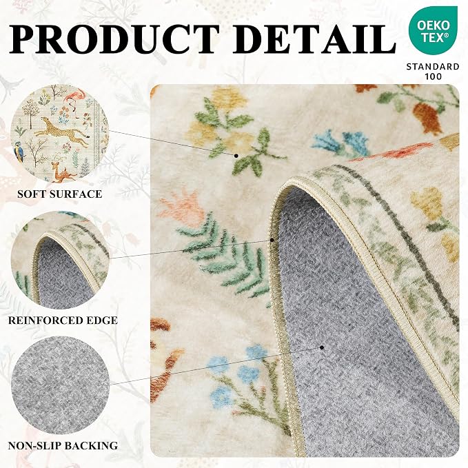 DUKINO 2x10 Rug for Hallway, Washable Kitchen Runner Rug with Non Slip Backing, Soft Low Pile Vintage Animal Runner for Bedroom, Kitchen, Hallway, Entryway, Laundry, White