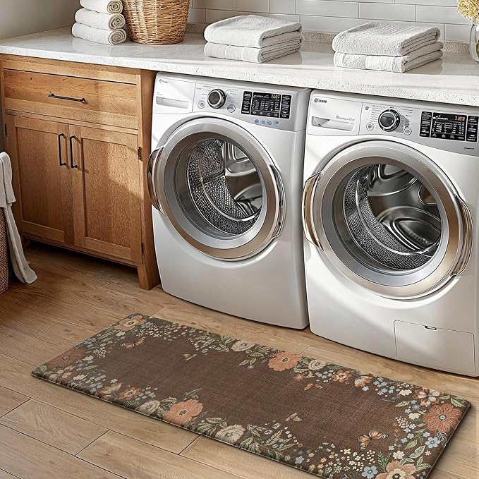 GENIMO Anti Fatigue Kitchen Mats for Floor 2PCS, Cushioned Standing Mats | 17.3"x59"&17.3"x30", Light Brown vintage floral rug set, waterproof, non slip, easy-clean for farmhouse