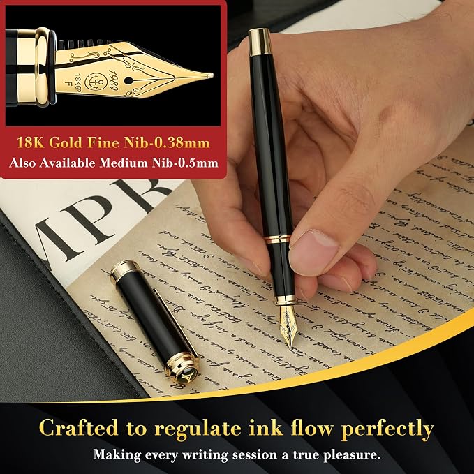 MCNTEIK 317 Fountain Pen,Stunning Luxury Black Piano Lacquer,18K Gilded Nib(Fine),Gorgeous 24K Gold Finish, Ink Converter,Fancy Gift for Men&Women-Elegant,Executive,Office,Nice Pens for Writing