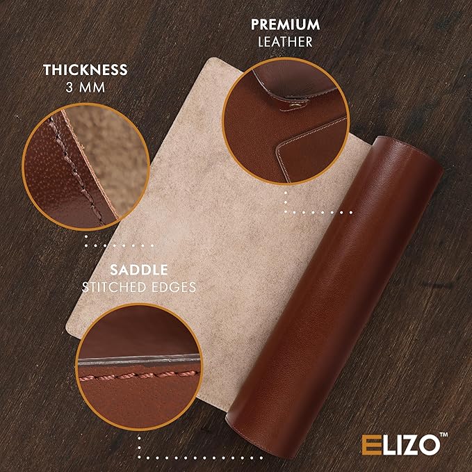 ELIZO Leather Desk Pad Real Leather Desk Mat Thick (3mm) Double Layer (32x16) Cover Blotter Desk Protector Large Computer Mat for Keyboard Mouse Pad Table Laptop Mat Office Accessories - Chestnut
