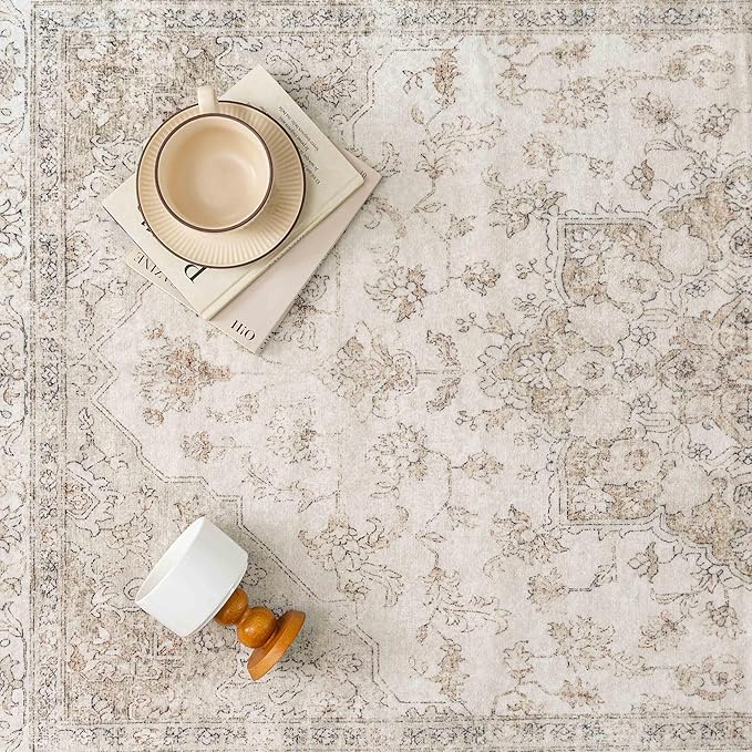 PureCozy Beige Runner Rug 2x6 Washable Vintage Long Carpet for Hallway Kitchen Soft Retro Low Pile Thin Indoor Runner Non Slip Oriental Medallion Throw Rug for Bathroom Bedroom Laundry Dining Room
