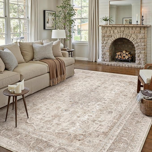 PureCozy Beige Area Rug 9x12 for Living Room Washable Vintage Carpet Low Pile Non Slip Distressed Soft Traditional Retro Oriental Large Accent Throw Rug Office Bedroom Dining Room Playroom