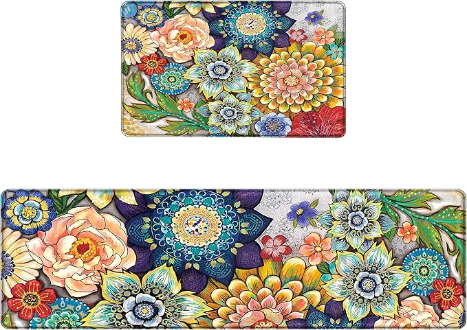Boho Floral Kitchen Runner Rugs Mats for Floor 2 Piece Memory Foam Padded Long Kitchen Mats Anti Fatigue Cushioned Comfort Standing Mat, 17.3x28+17.3x59 Inch