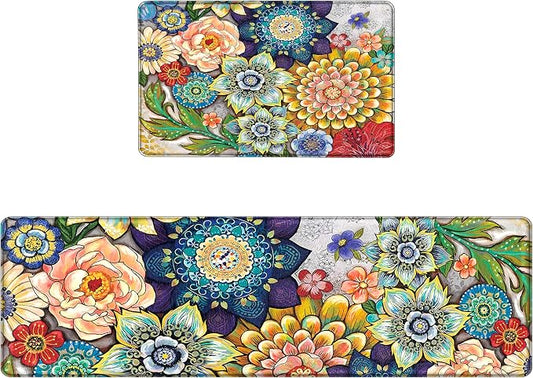 Boho Floral Kitchen Runner Rugs Mats for Floor 2 Piece Memory Foam Padded Long Kitchen Mats Anti Fatigue Cushioned Comfort Standing Mat, 17.3x28+17.3x59 Inch