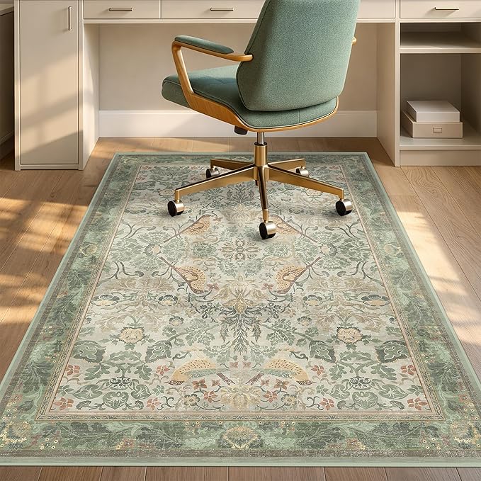 Vintage Farmhouse Office Chair Mat for Hard Wood Floors, Anti-Slip Floral Bird Floor Protector for Heavy Duty Computer Chair, 48"x60" Low Pile Under Desk Rug, Sage Nature Botanical Indoor Décor