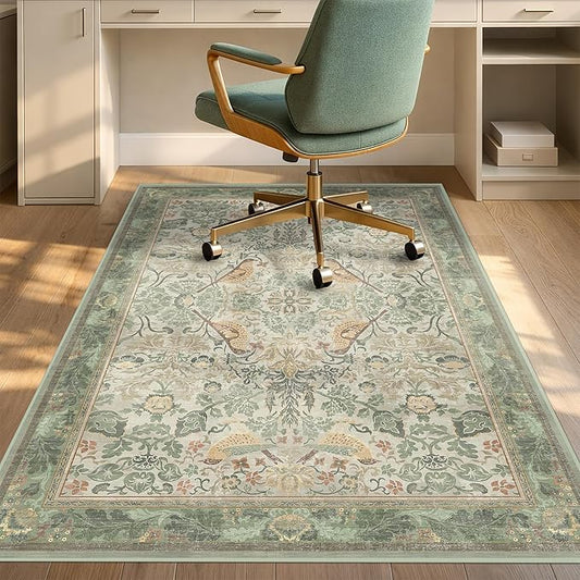 Vintage Farmhouse Office Chair Mat for Hard Wood Floors, Anti-Slip Floral Bird Floor Protector for Heavy Duty Computer Chair, 48"x60" Low Pile Under Desk Rug, Sage Nature Botanical Indoor Décor