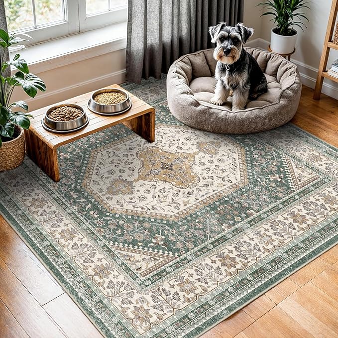 5X5 Square Rug for Living Room - Washable Kitchen Area Rug with Non Slip Rubber Backing for Bedroom Indoor Soft Stain Resistant Carpet Desk Rug for Pet-Friendly and Kitchen Decor Green/Beige
