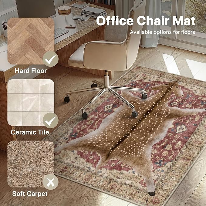 36"x48" Office Chair Mat for Hardwood Tile Floor, Under Desk Carpet Protector for Rolling Computer Chair Mat, Machine Washable Area Rug, Anti-Slip 1/5" Thick Low Pile Thin Vinyl Floor Mat, Red Yellow