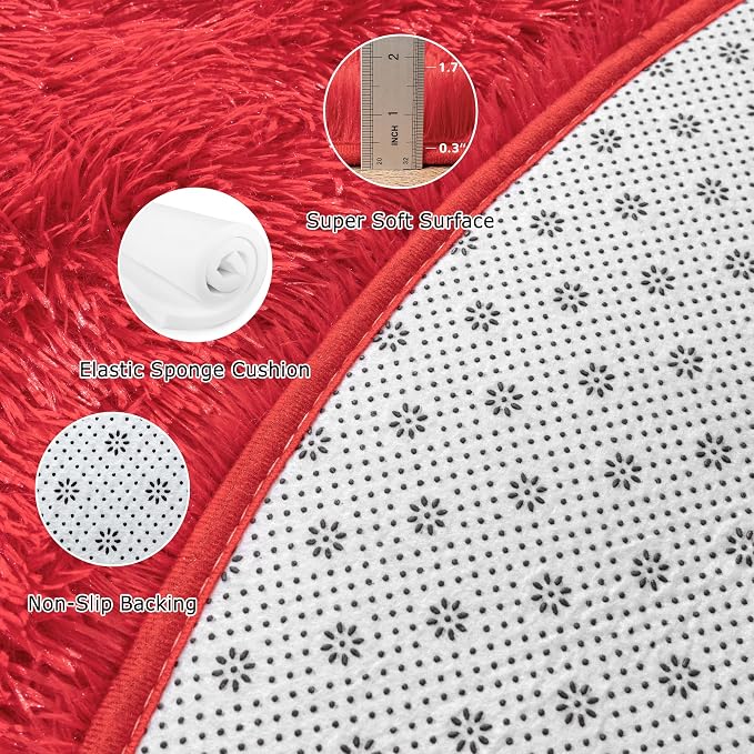 Awaytail Round Fluffy Circular Rug 8FT Red - Super Soft Shaggy Furry Carpet for Kids & Nursery