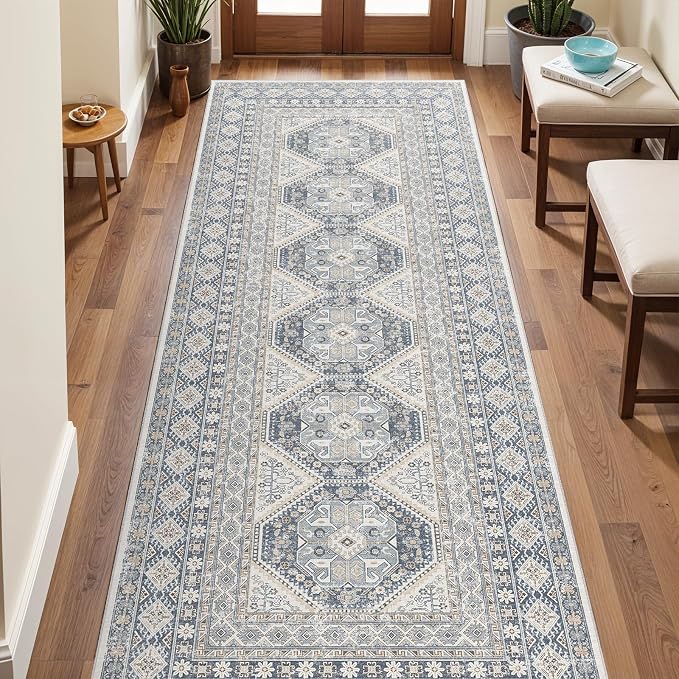 3x8 Runner Rug Kitchen Washable:Oriental Indoor Hallway Runners with Non Slip Backing Floor Mat for Entryway Door Low Pile Thin Carpet for Bedroom Bathroom Living Room Bedside (Blue, 3x8)