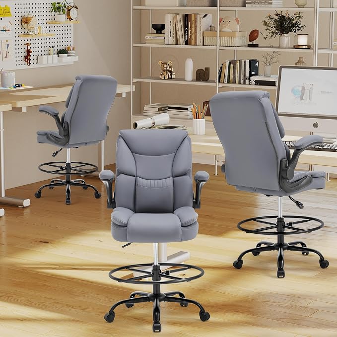 500LBS Drafting Chair, High Back Safer Standing Desk Chair, Executive Tall Office Chair with Flip-up Armrests, Upholstered PU Leather Task Chair, Ergonomic Seat with Adjustable Height&Foot Ring, Grey