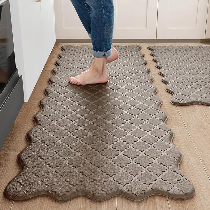 Upgrade Scalloped Embossed Kitchen Mats for Floor 2PCS Cushioned Anti Fatigue Waterproof Foam Kitchen Rugs Non Slip Washable Comfort Standing Mat for Sink Laundry, 17.3"x30"+17.3"x59", Brown