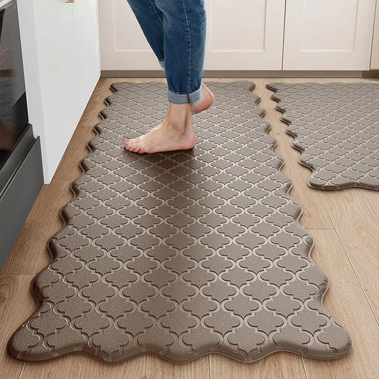 Upgrade Scalloped Embossed Kitchen Mats for Floor 2PCS Cushioned Anti Fatigue Waterproof Foam Kitchen Rugs Non Slip Washable Comfort Standing Mat for Sink Laundry, 17.3"x30"+17.3"x59", Brown