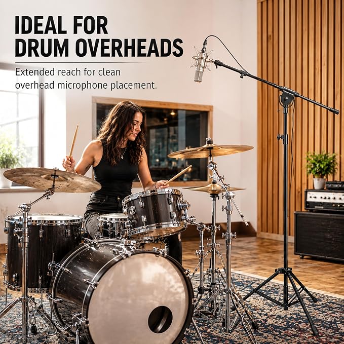 LyxPro SMT-1 Professional Microphone Stand Heavy Duty 93” Studio Overhead Boom Stand 76” Extra Long Telescoping Arm Mount, Foldable Tripod Legs & Adjustable Counterweight | OVERHEAD STUDIO BOOM STAND: Tall 93 inch mic stand with 76 inch boom for drums,...
