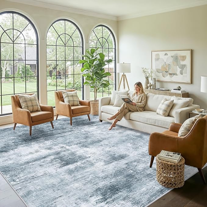 12x12ft Square Living Room Rug – Non-Slip Washable Extra Large Floor Carpet for Bedroom, Dining Room, Playroom Room – Modern Abstract Neutral Thin Low-Pile Big Indoor Rug (Misty Blue Gray)