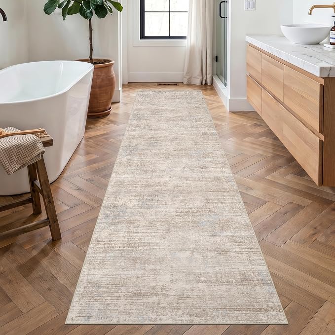 Washable 2x10 Hallway Runner Rug: Non Slip Kitchen Rug Runner Stain Resistance Low Pile Modern Abstract Floor Carpet for Entryway Laundry Livingroom (Ivory Beige Distressed,2x10)